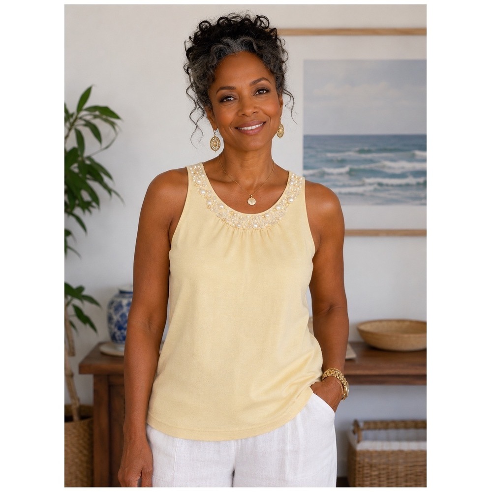 Vintage August Silk Women Butter Yellow Beaded Pearl Neck Sleeveless Knit Top L